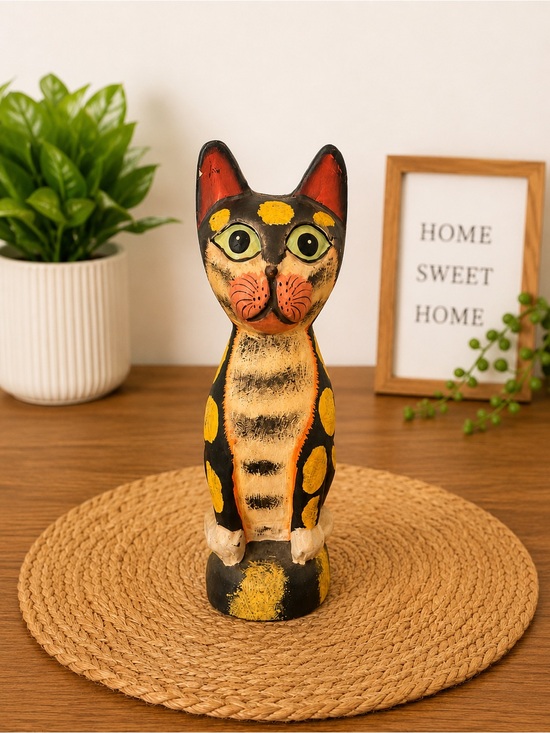 Other - Vintage Hand Carved Folk Art Cat Figurine, Hand Painted Wooden Cat Statue